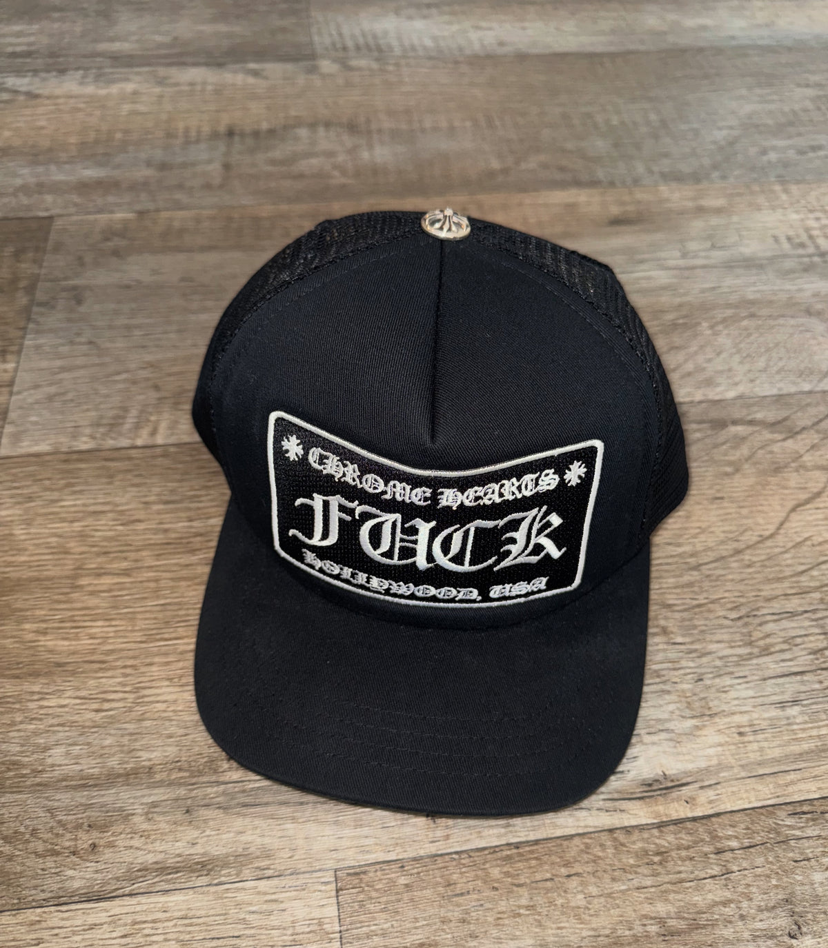 BLACK CHROME HEARTS HOLLYWOOD F*CK LOGO HAT