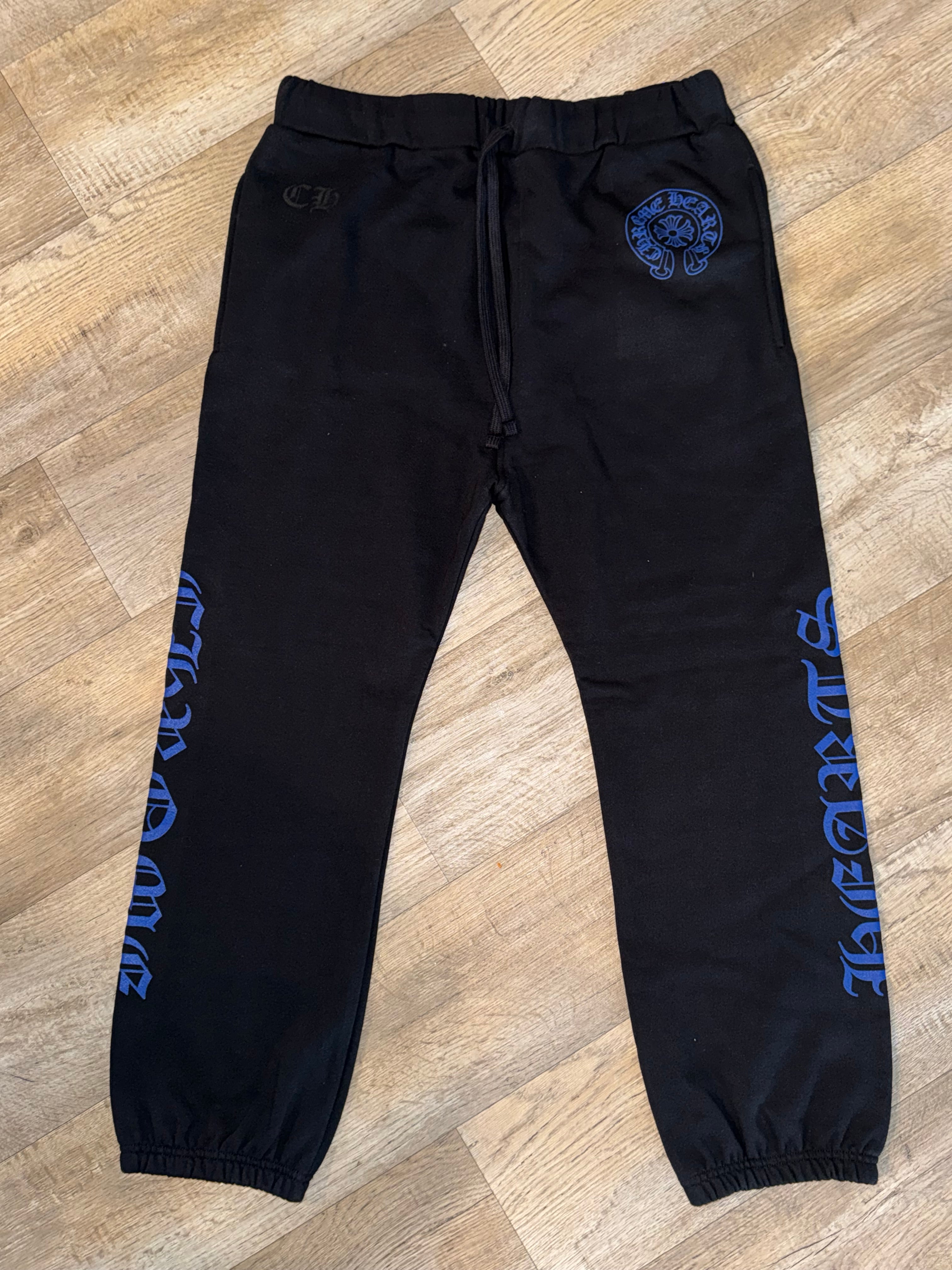 BLACK & BLUE CHROME HEARTS LOGO JOGGERS