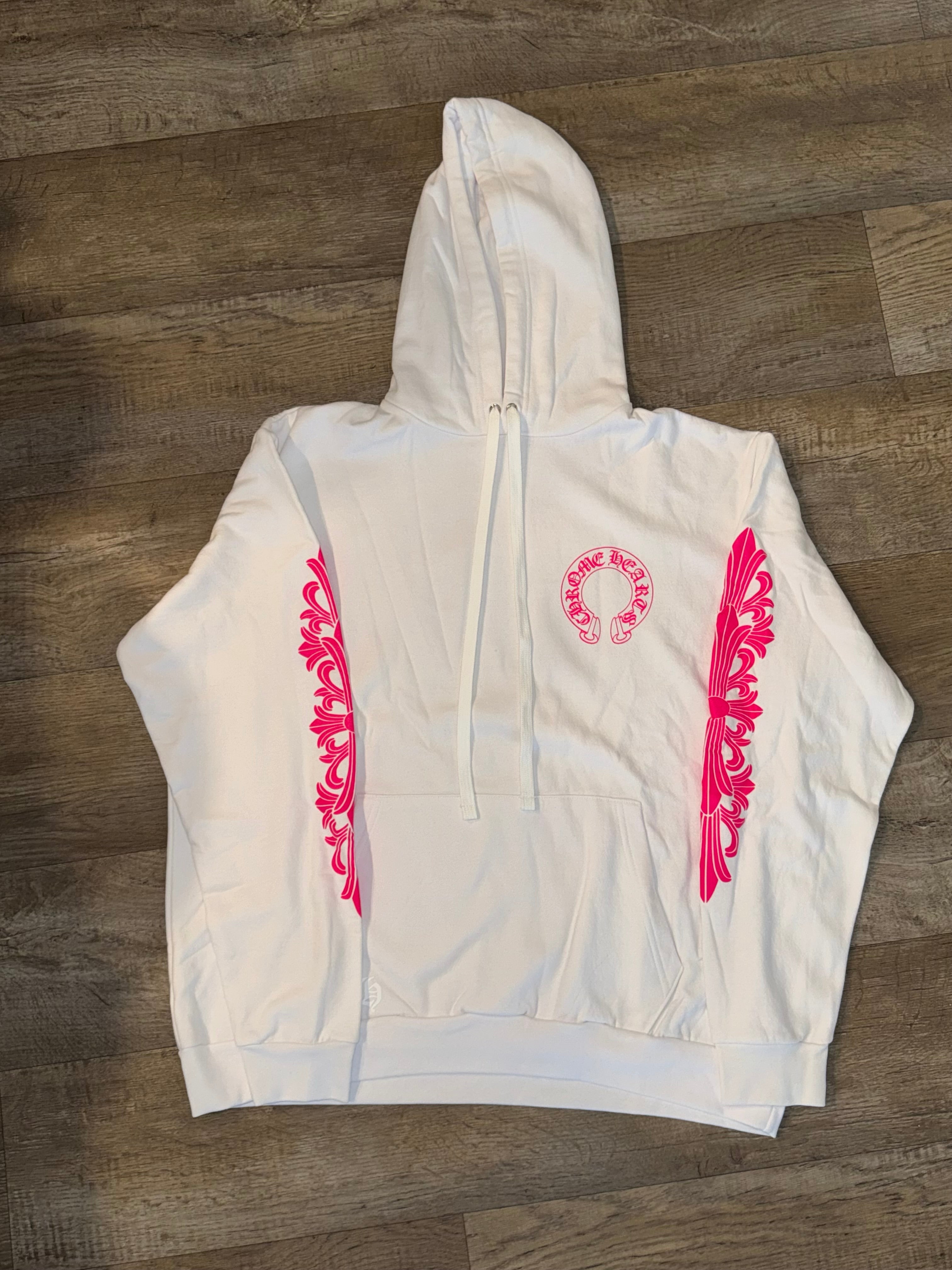 PINK AND WHITE CHROME HEARTS LOGO HOODIE