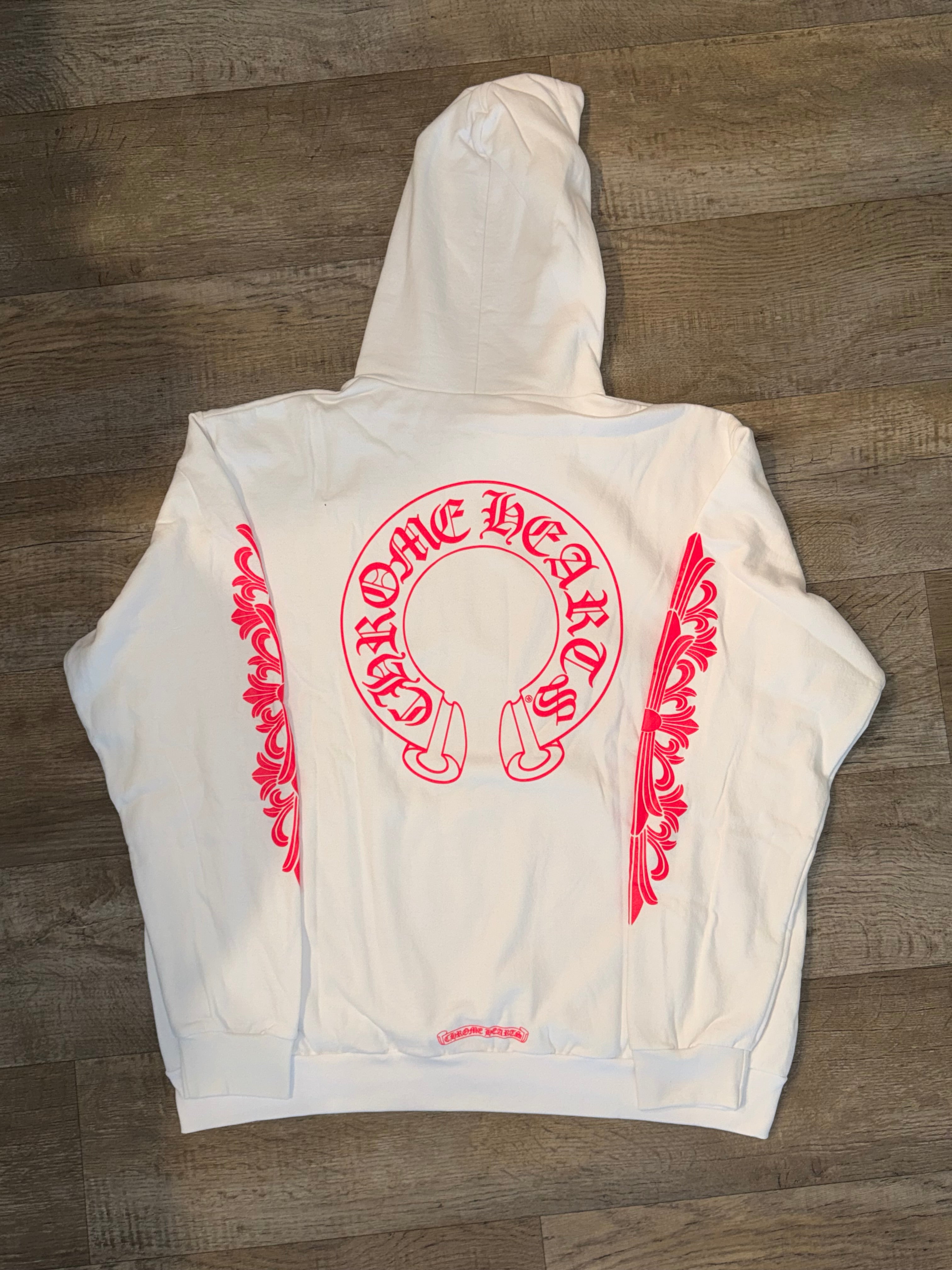 PINK AND WHITE CHROME HEARTS LOGO HOODIE