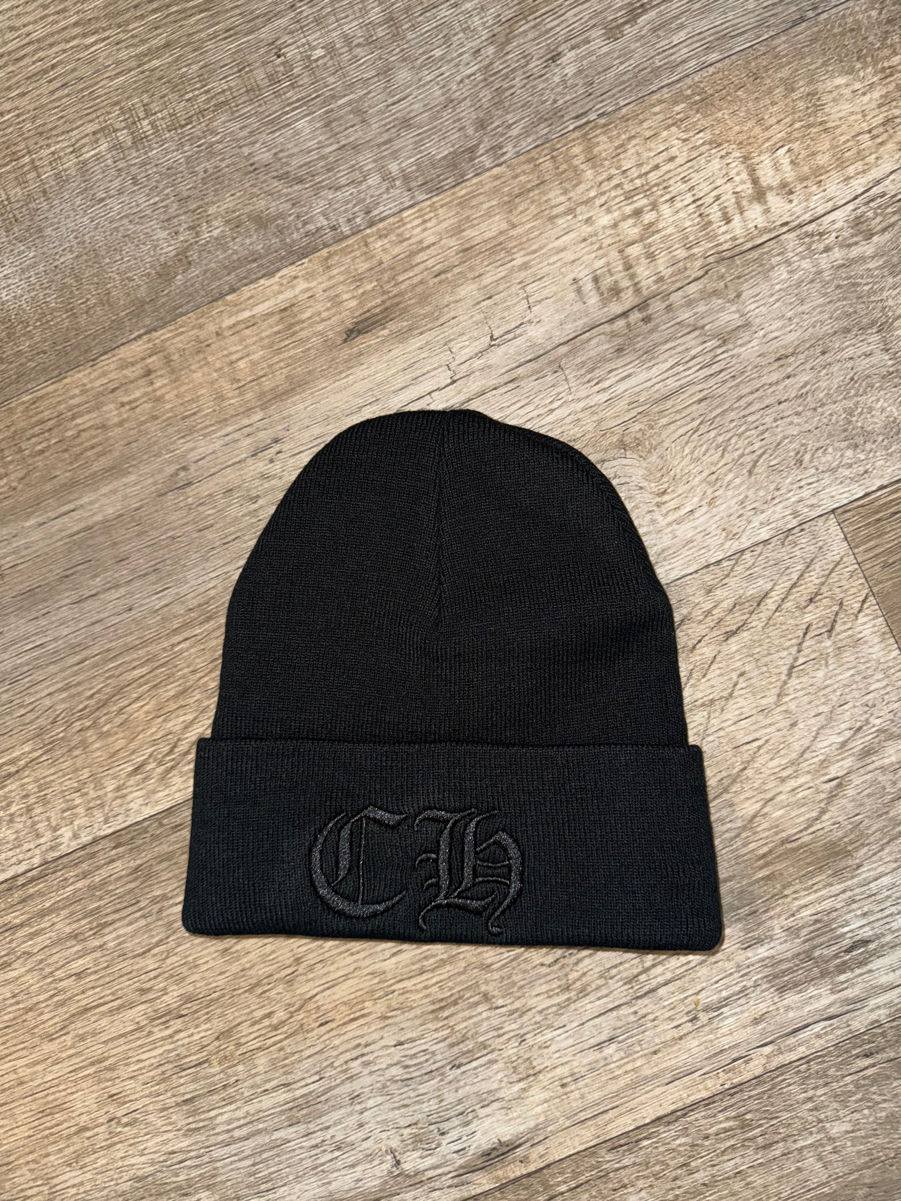 BLACK ON BLACK CHROME HEARTS LOGO BEANIE